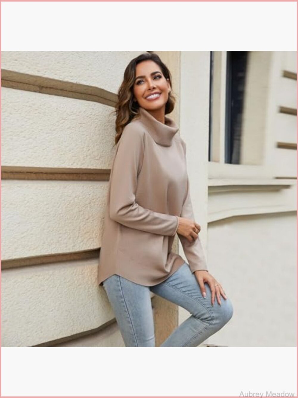 Oversized Turtleneck Pullover Sweater Soft Viscose Blend Long Sleeve Curved Hem - Picture 3 of 6